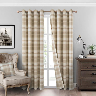 Beige Plaid Curtains Grommet Woolen Look Modern Living Room Bedroom Home Decoration Check Drapes Beige 2 Panels 45 * 95 Inch