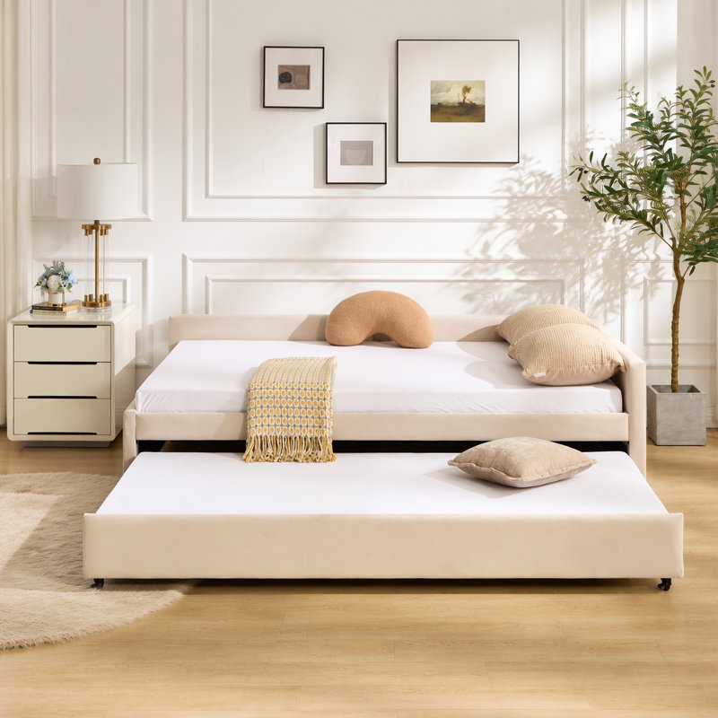 Lit de jour rembourré avec lit gigogne, structure de lit en bois robuste, conception de grille de diamant moderne, pour chambre à coucher, chambre d'amis (beige)