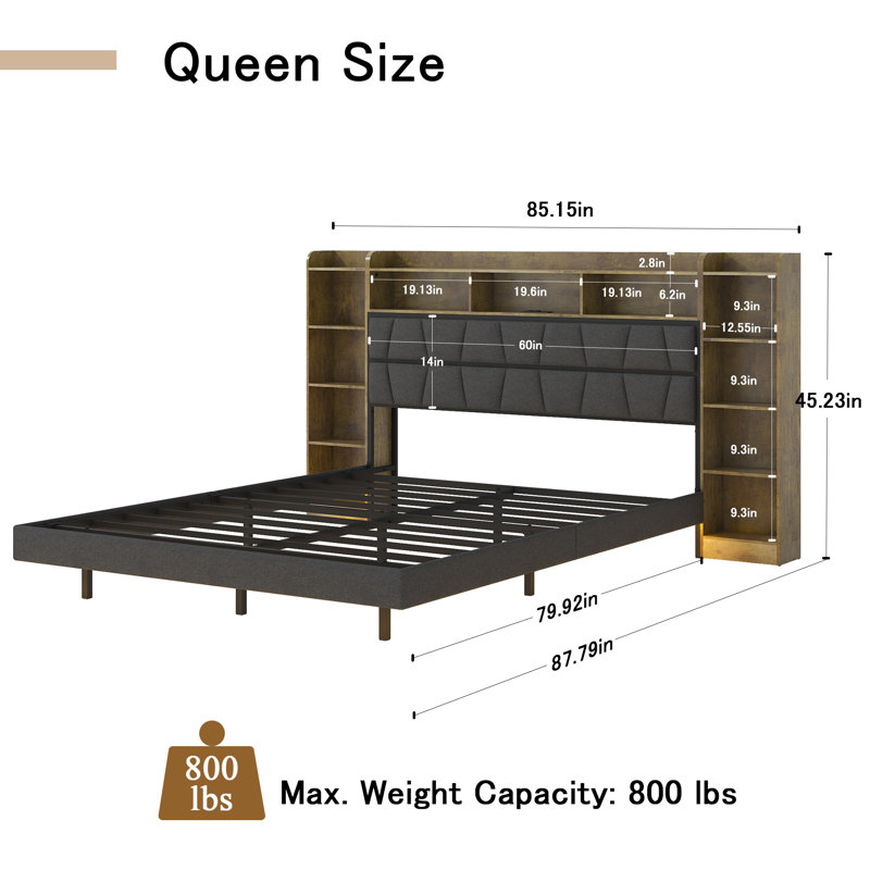 Floating Queen Bed Frame with LED Light and Bookcase Storage Headboard Queen Size Upholstered