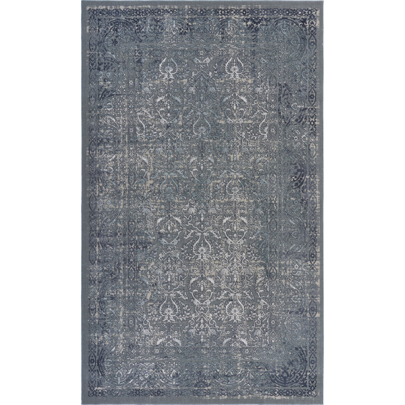 Tapis d'intérieur moderne en polyester tissé à la machine, Rectangle 1 pi 10 po x 3 pi, Bleu / Argent