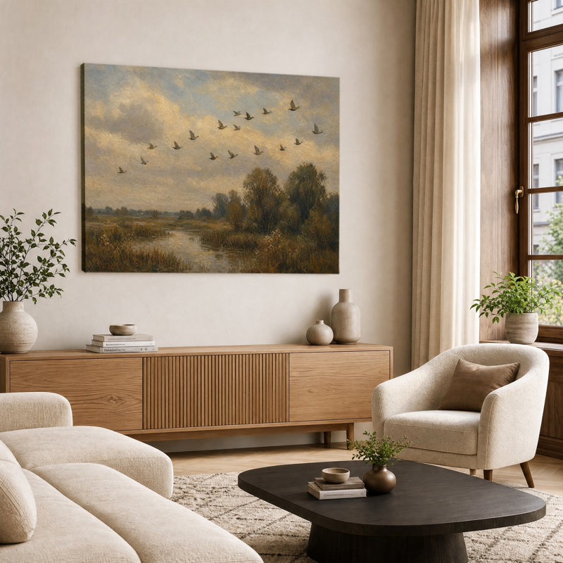 Canards sauvages volant au-dessus d'une zone humide en automne, paysage aux tons doux, peinture à l'huile sur toile, décoration murale de style champêtre antique