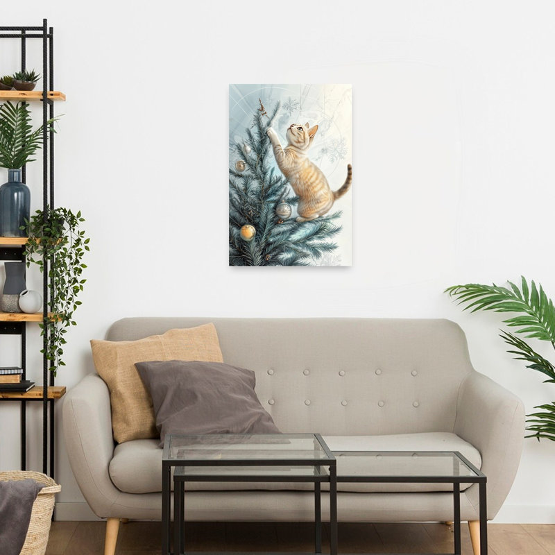 Playful Christmas Kitten Playful Abstract Contemporary Christmas Tree Pine Tree Cat Winter Landscape Wall Art Print 1 Piece Wrapped Canvas Wall Art