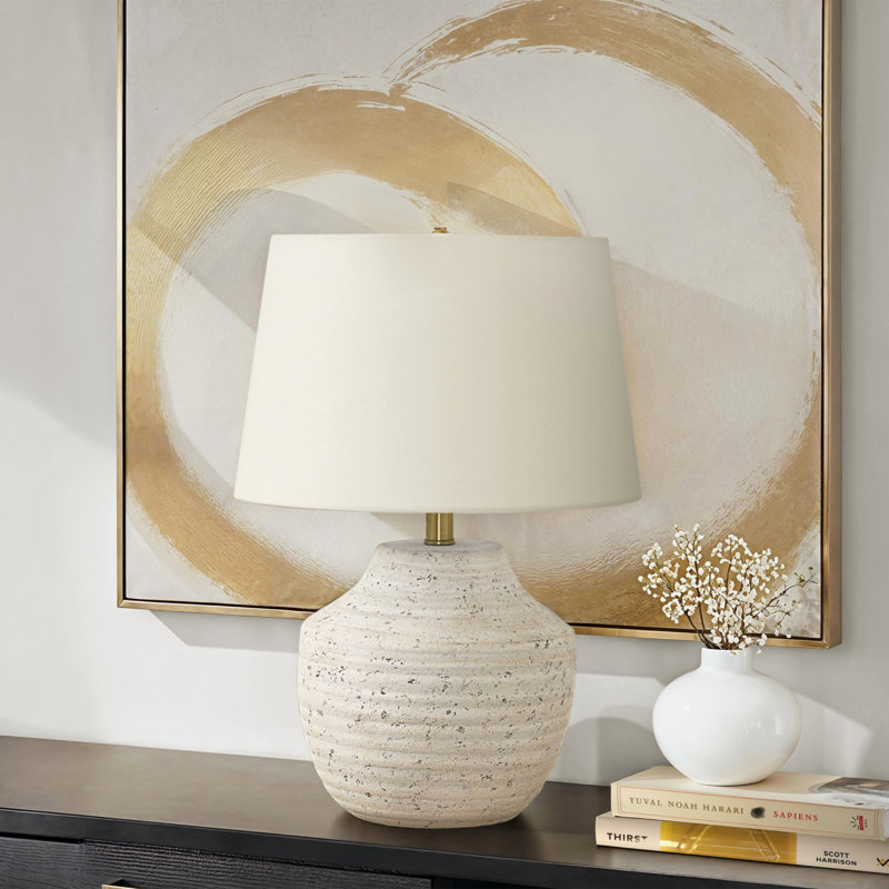 H 20 po, lampe de table, béton crème, abat-jour ivoire / crème