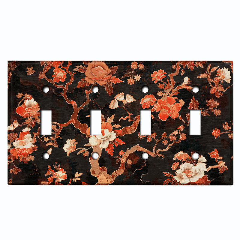 Couvercle de plaque d'interrupteur en métal; Bascule à 4 bandes US standard - Art floral asiatique traditionnel