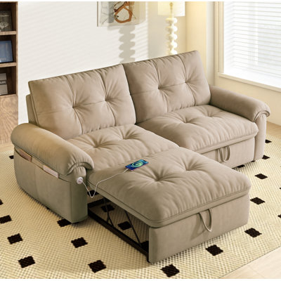 Burwell 77" Brown Velvet Multi-Functional Convertible Sofa Bed with USB Charging Ports – Kid/Pet Friendly Couch Bed for Living Room, Small Spaces, Guest Room