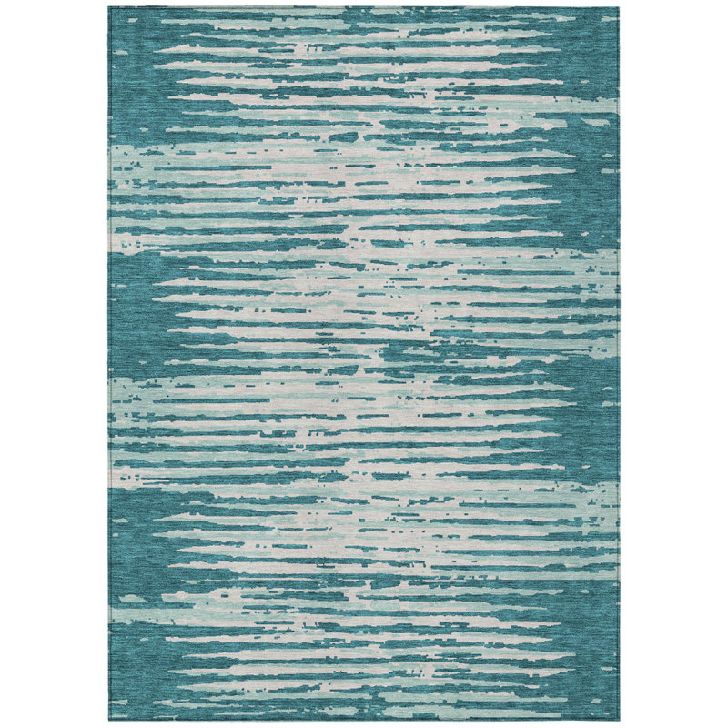 Tapis extérieur lavable rayé bleu sarcelle et ivoire 3 pi x 5 pi