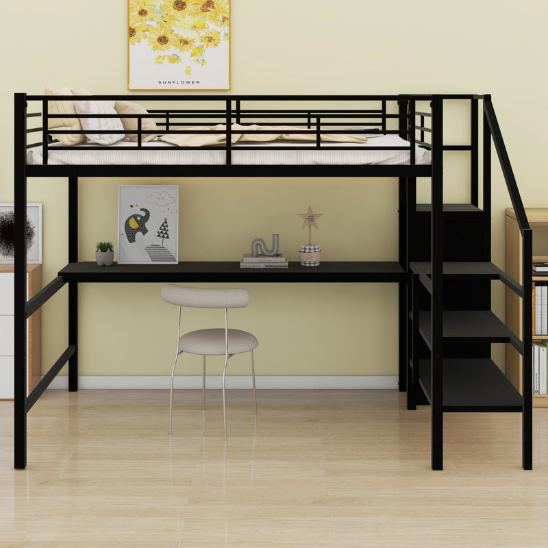 Lit mezzanine multifonctionnel en métal avec bureau, escalier de rangement, mini garde-robe et lumières DEL