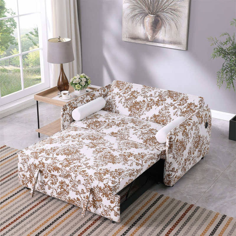 Canapé convertible à deux chambres avec dossier réglable, canapé 2 places, lit escamotable et 2 coussins décoratifs Soft Boucle