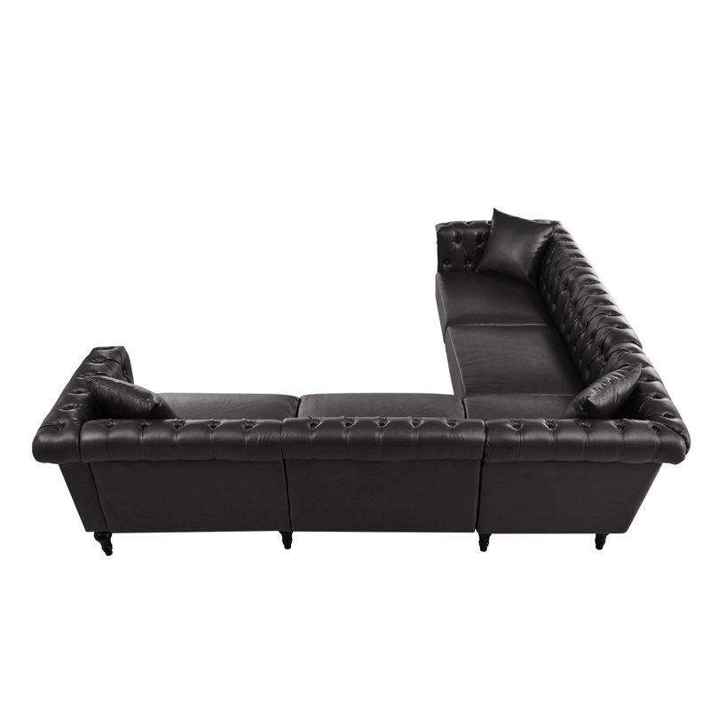 Luxury PU Leather Chesterfield L-Shaped Sectional Sofa with Nailhead Trim, Black Faux Leather
