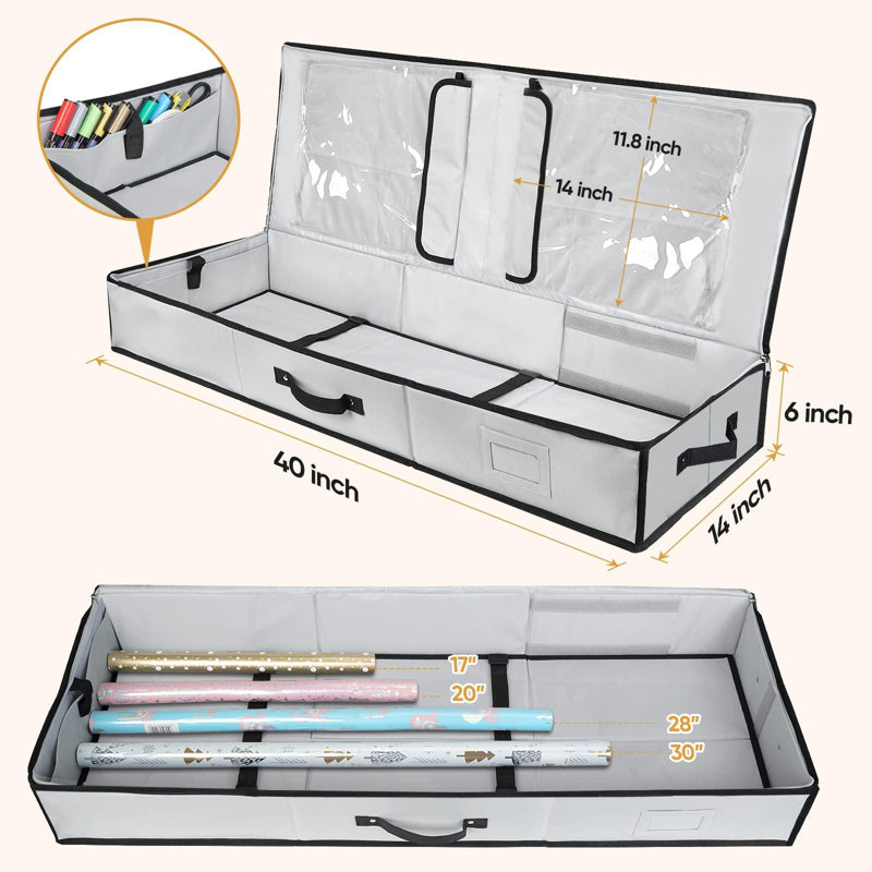 Wrapping Paper Storage Organizer With Flexible Partitions And Pockets, 40" Durable 600D Oxford Fabric(Gray)