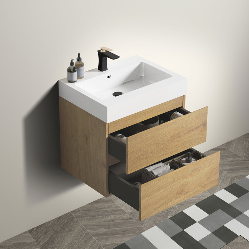 Meuble-lavabo en chêne naturel - 24 po avec tiroirs doubles et fonctionnement silencieux, Chêne, Chêne, 24"