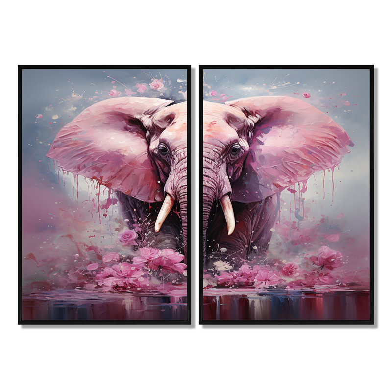 Rose, éléphant géant romantique - art mural moderne brun, Noir, H 36 po x l 48 po, Impression encadrée flottante