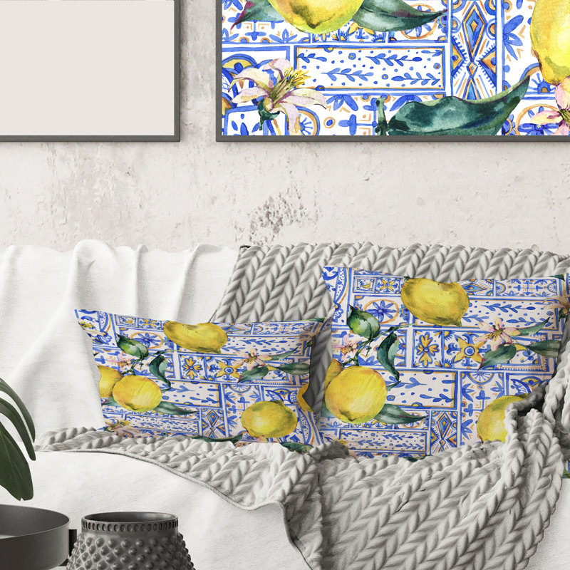 Rectangle, ornement citron sur motif géométrique bleu I - Coussin décoratif à imprimé tropical