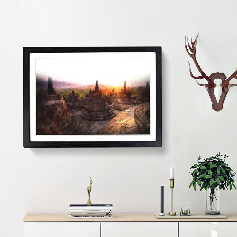 Borobudur In Indonesia Painting - Single Picture Frame Print on MDF, Oak, 24cm H x 33cm W x 2cm D
