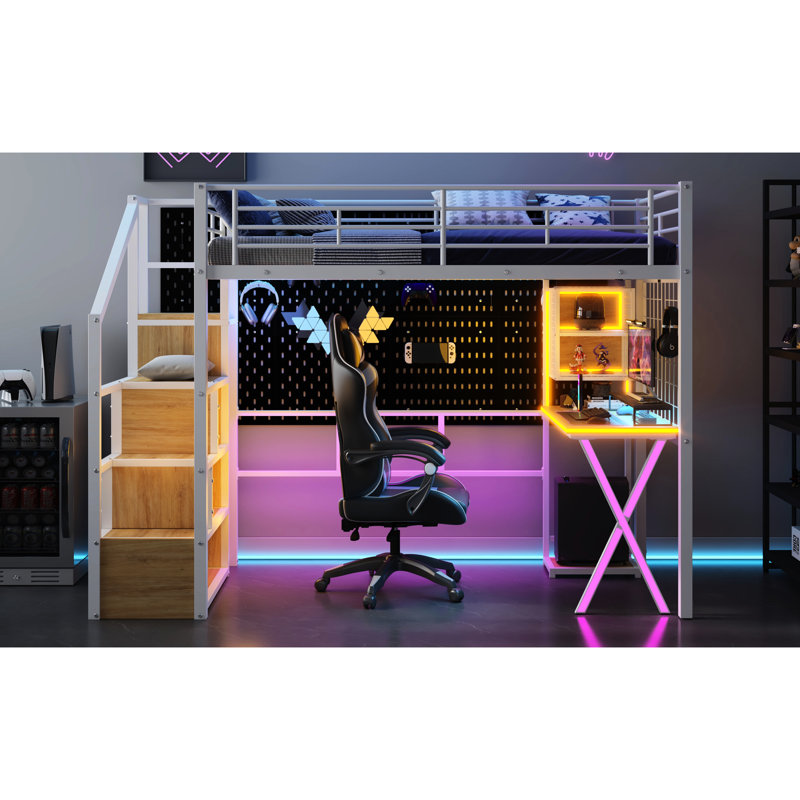 Lit mezzanine simple avec structure en métal, bureau de travail, garde-robe et boîte d'escalier à DEL - garde-robe blanche et rangement compacte