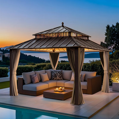 Pavillon de jardin Kingston, toit en acier avec rideau et filet - poteaux 12 x 12 SUNJoy Kingston