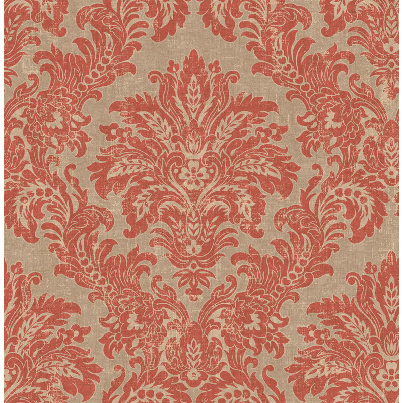 Mackinac Non-Pasted Damask Wallpaper Roll, Mocha/Red
