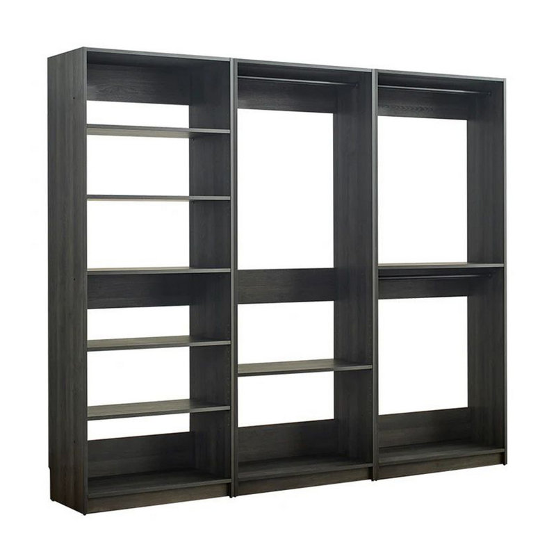 Dee Modular Closet System, 3 Hanging Rods And 6 Shelves, Dark Gray Wood