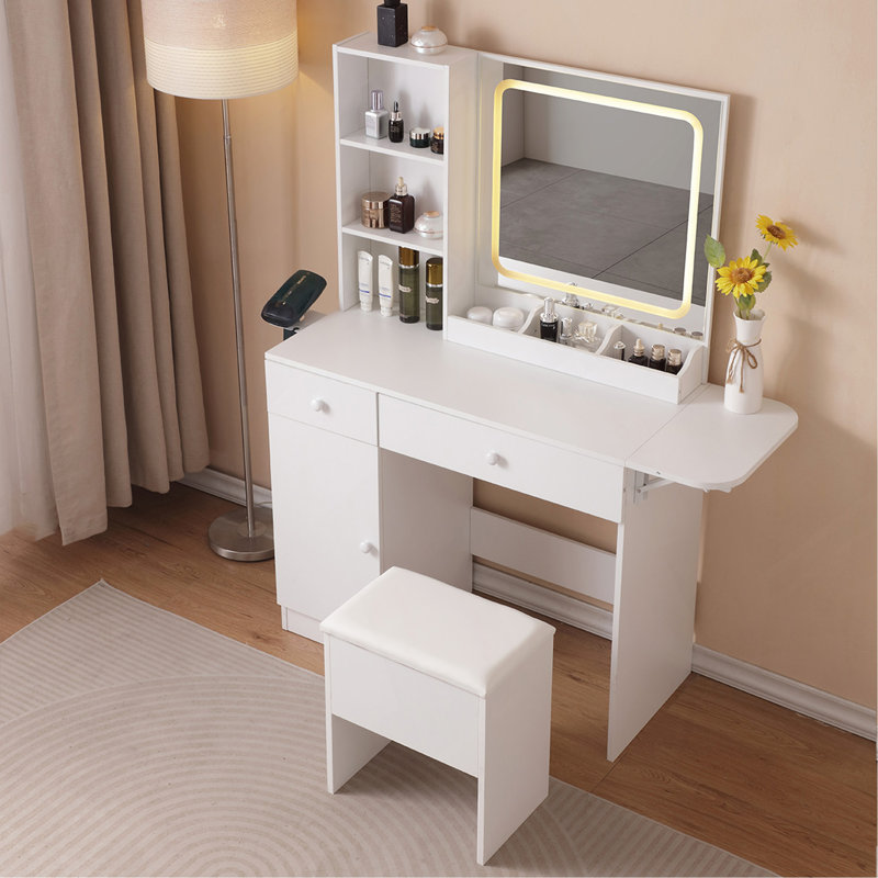Bureau de meuble-lavabo avec prise de courant à miroir lumineux, bureau de maquillage avec tiroirs et grande armoire de rangement pour la chambre à coucher, 3 modes d'éclairage à luminosité réglable, tabouret de rangement, blanc