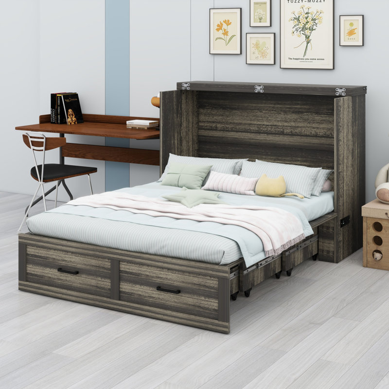 Armoire lit escamotable Murphy avec station de charge, lit plateforme pliable multifonctionnel avec 1 grand tiroir de rangement
