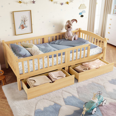 Lit plateforme simple en bois TG avec garde-corps et tiroirs de rangement, base de lit pour enfant, naturel