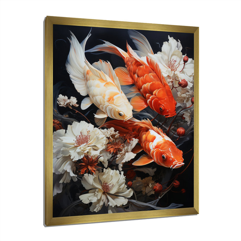 «Fishing Contemporary Koi Fish III», reproduction sur toile, Encadrement doré, H 40 po x l 30 po x P 1,5 po