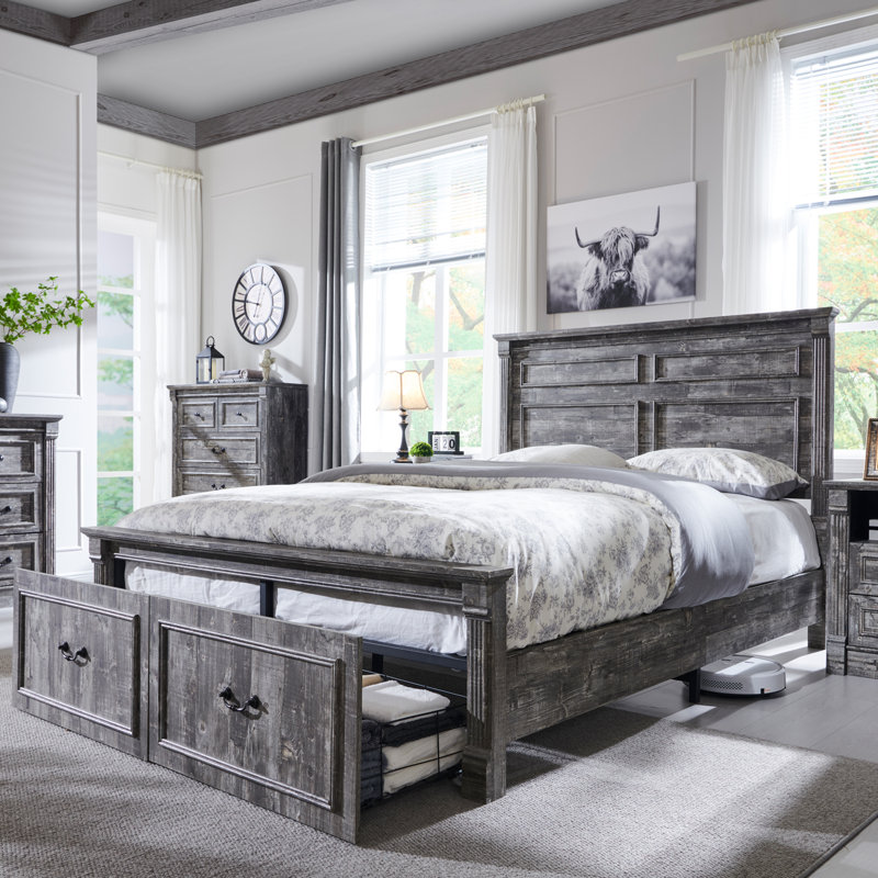 Base de lit pour grand lit Burlington Farmhouse avec tête de lit de 51 po de hauteur, base de lit plateforme en bois avec pied de lit colonne romaine de 20 po de hauteur et 2 grands tiroirs de rangement, aucun sommier nécessaire