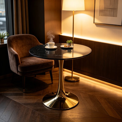 Table de salle à manger 31,5 "à tulipes noires et dorées - Guéridon Mid-Century