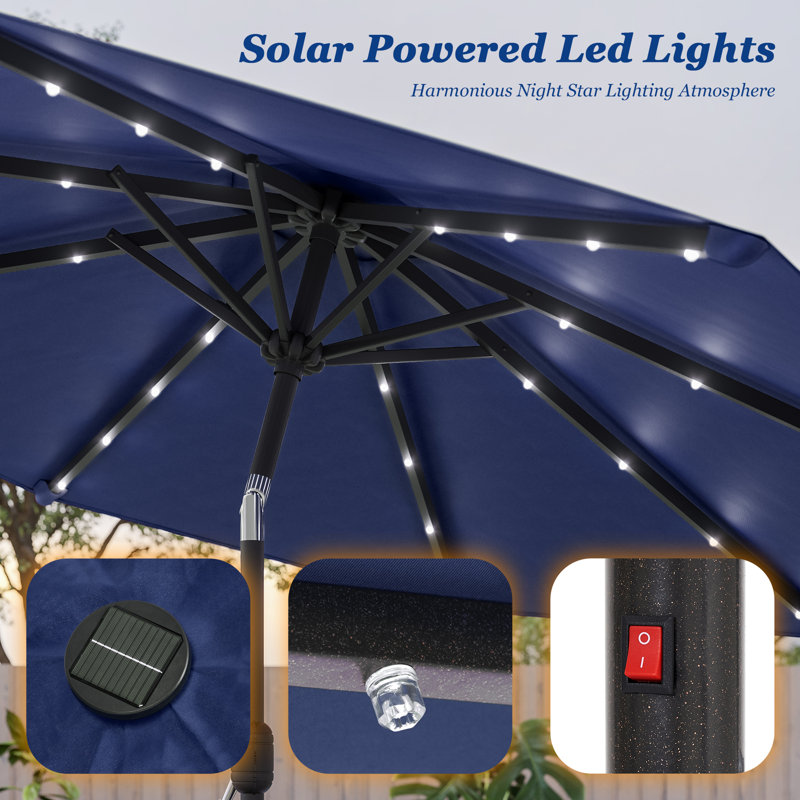 Parasol de marché 9 pi avec lumières DEL, cadre de table résistant aux intempéries, Marine