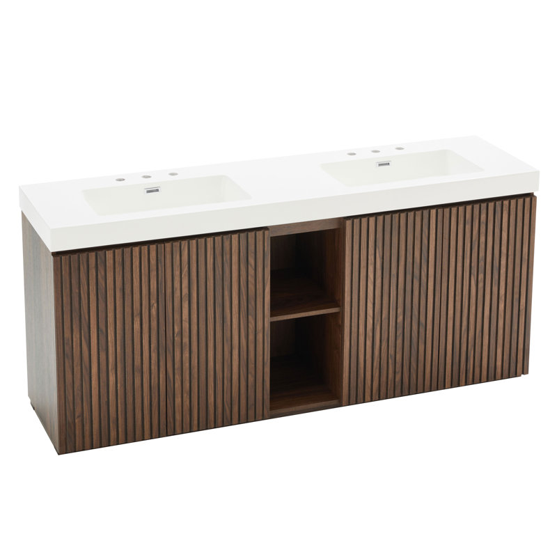 Meuble-lavabo double 72 po avec surface solide, Blanc / Brun, Espacé