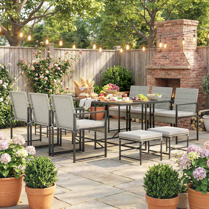 Ensemble repas 11 pièces pour patio avec coussins amovibles, gris clair