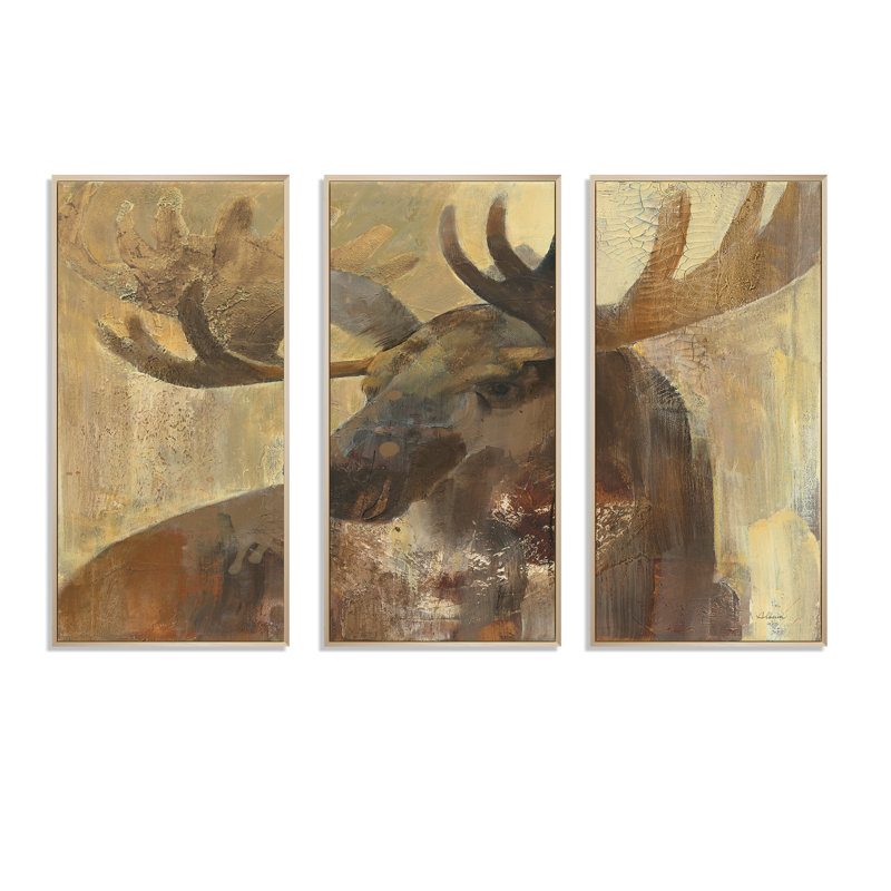 Into The Wild Gold Moose - Ensemble de 3 toiles d'art encadrées, H 32 po x l 48 po, Cadre brun