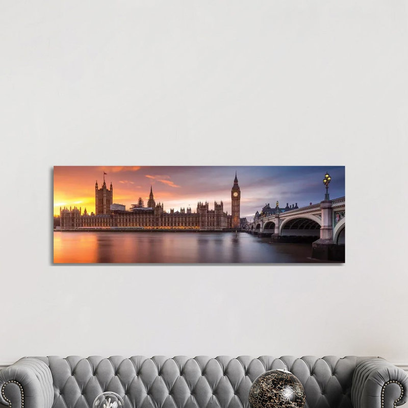 London Palace Of Westminster Sunset - Panoramic Print on Canvas, Wrapped Canvas, 30.48 cm H x 91.44 cm W x 3.175 cm D