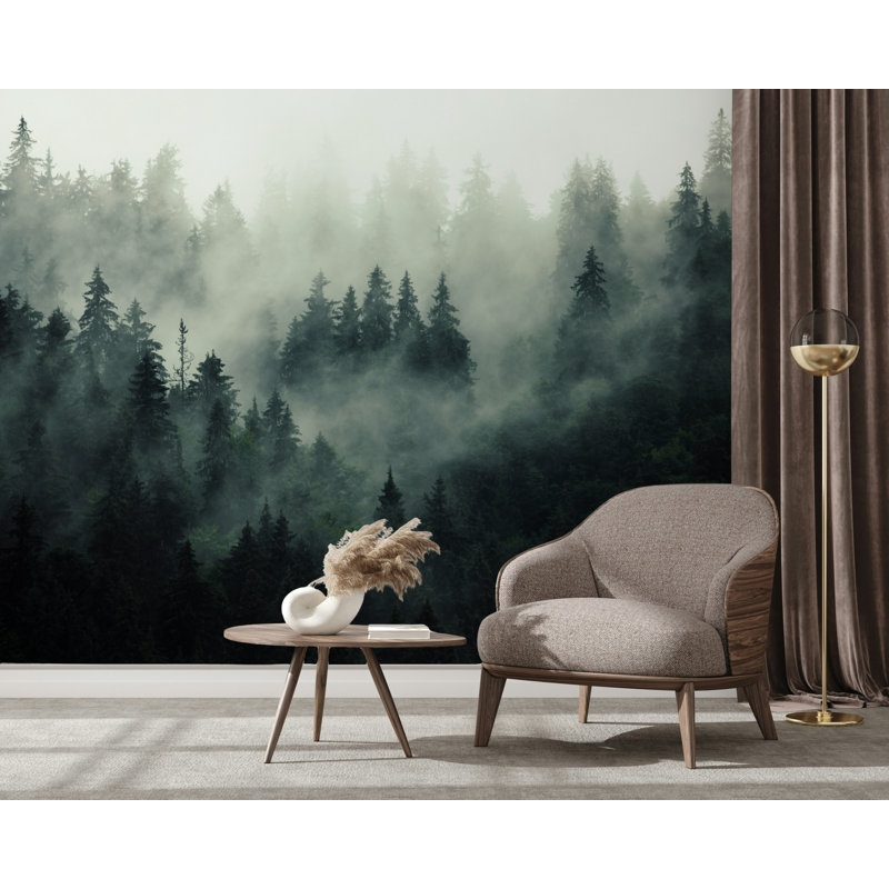 Papier peint paysage vert Misty Pine Forest, L 115 po x l 225 po