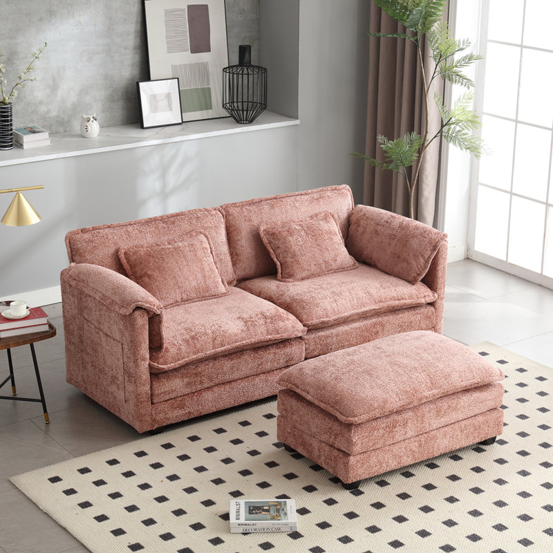 Tissu en chenille, accoudoirs amovibles avec poches latérales, rembourrage en éponge haute densité, canapé double surdimensionné avec repose-pieds
