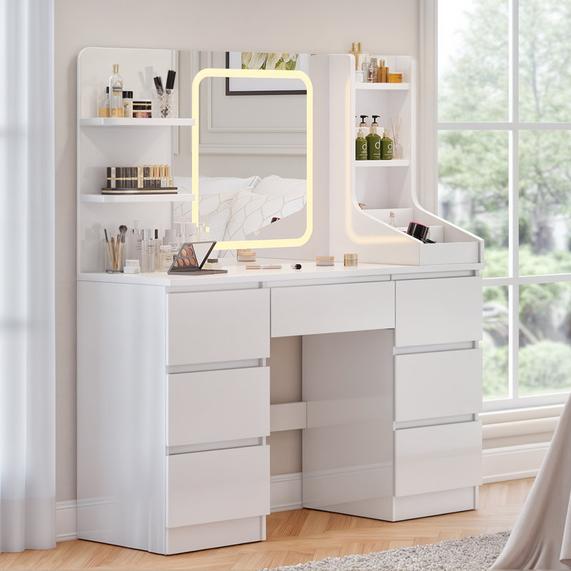 Rosse Dressing Table With 3 Colorful Light Mirror 7 Drawers and 7 Storage Shelves Makeup Desk 110cm Desktop Vanity Table