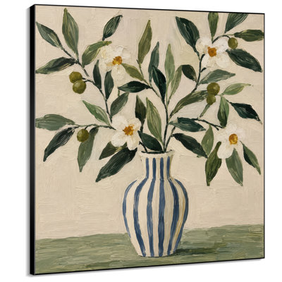 Très grand art mural imprimé sur tissu - Fleurs blanches et branches vertes dans un vase rayé bleu pour le salon ou la chambre à coucher - «Assemblage requis du cadre (cadre non fini)»