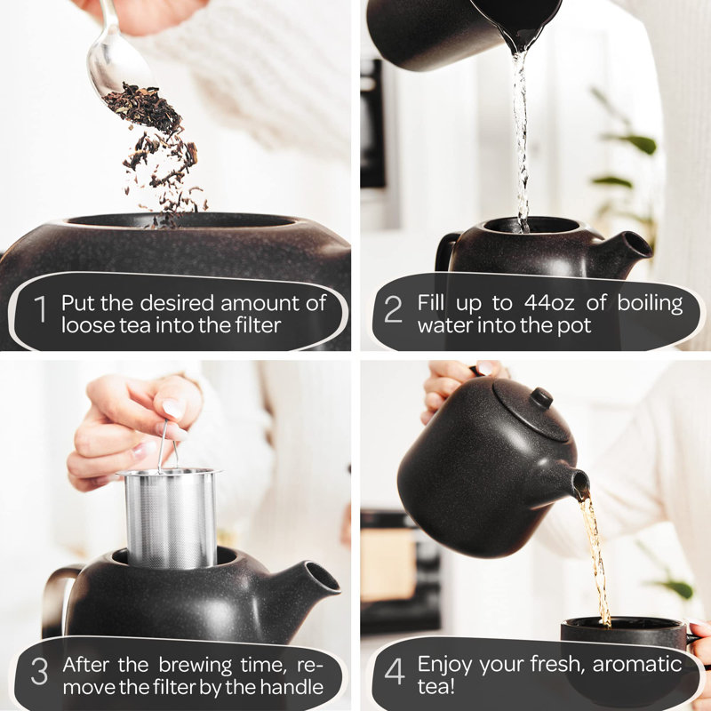 Matte Black Ceramic Teapot with Stainless Steel Infuser, 44 oz