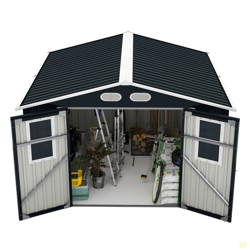Outdoor Storage Shed, 8X8  Protective Film, Four Daylight Windows Lockable Doors,A Practical And Thoughtful Gift, Dark Gray