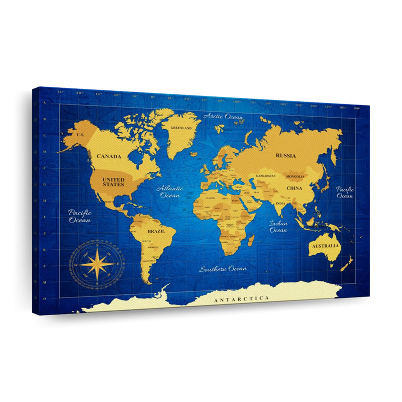 " Yellow Longitude World Map Canvas Print ", 8" H x 12" W x 1" D