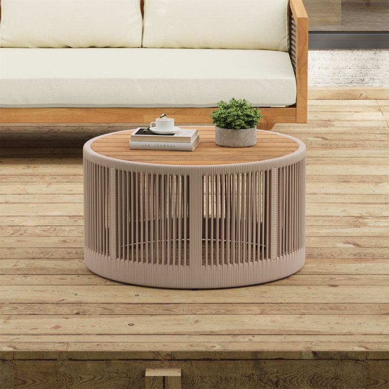 Table basse pour l'extérieur en corde de rotin et bois d'acacia, Beige