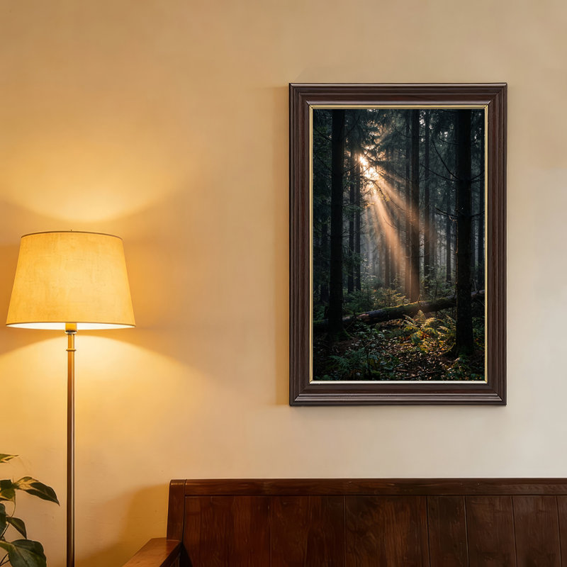 Art mural sur toile, rayons du soleil à travers de grands arbres dans la forêt brumeuse, 24"H x 16"W