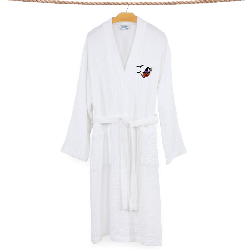 The Holiday Aisle® 100% coton turc unisexe Smyrna hôtel / spa robes brodées - tête de citrouille, P / M, Blanc