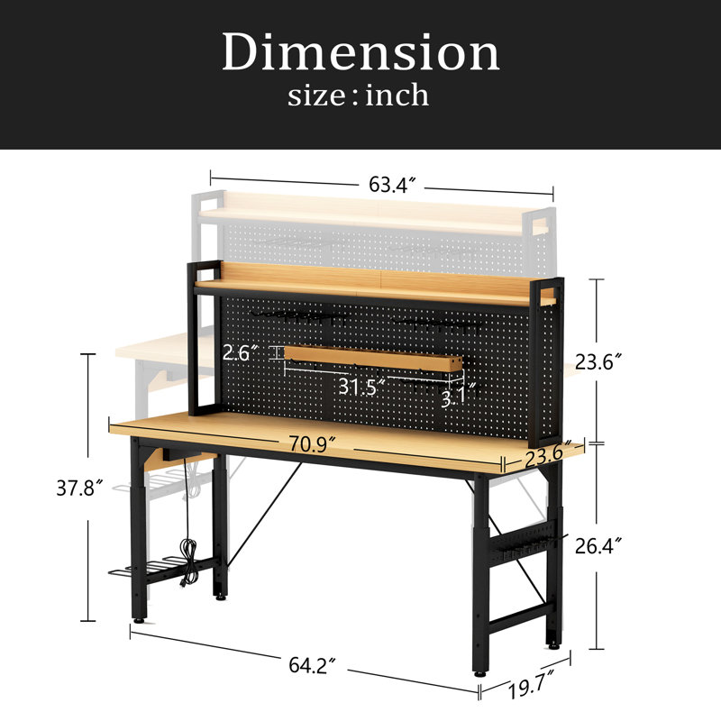 Établi réglable avec panneau perforé, établi en bois robuste avec roues, 1 600 lb Capacité de charge, établi roulant avec prise CA / USB, crochets, tablette, garage, atelier, bureau, maison.