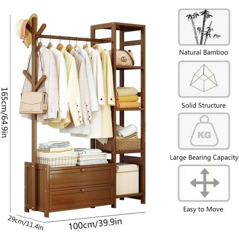 Bamboo 39" W Clothingt Hanging Rack Storage Shelves With Door