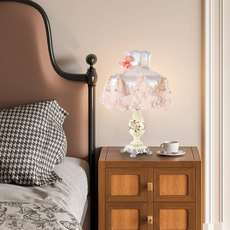Lampe de table teintée 12,2 pouces de style princesse avec abat-jour rose, Rose