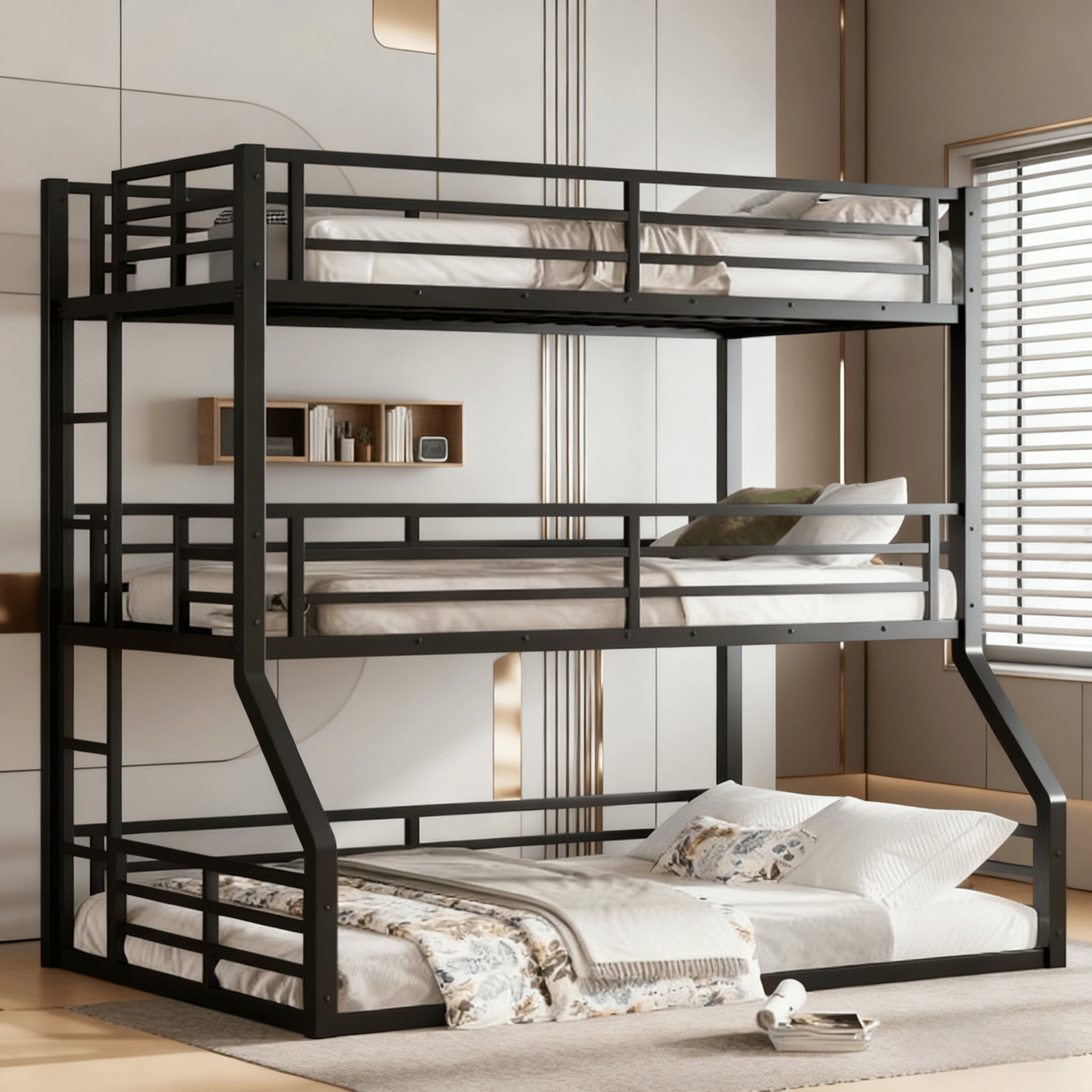 One Allium Way® Triple Bunk Bed, Metal 3-Tier Bunk Bed with Safety