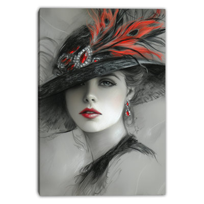 Feathered Hat Portrait Wrapped Canvas Wall Art
