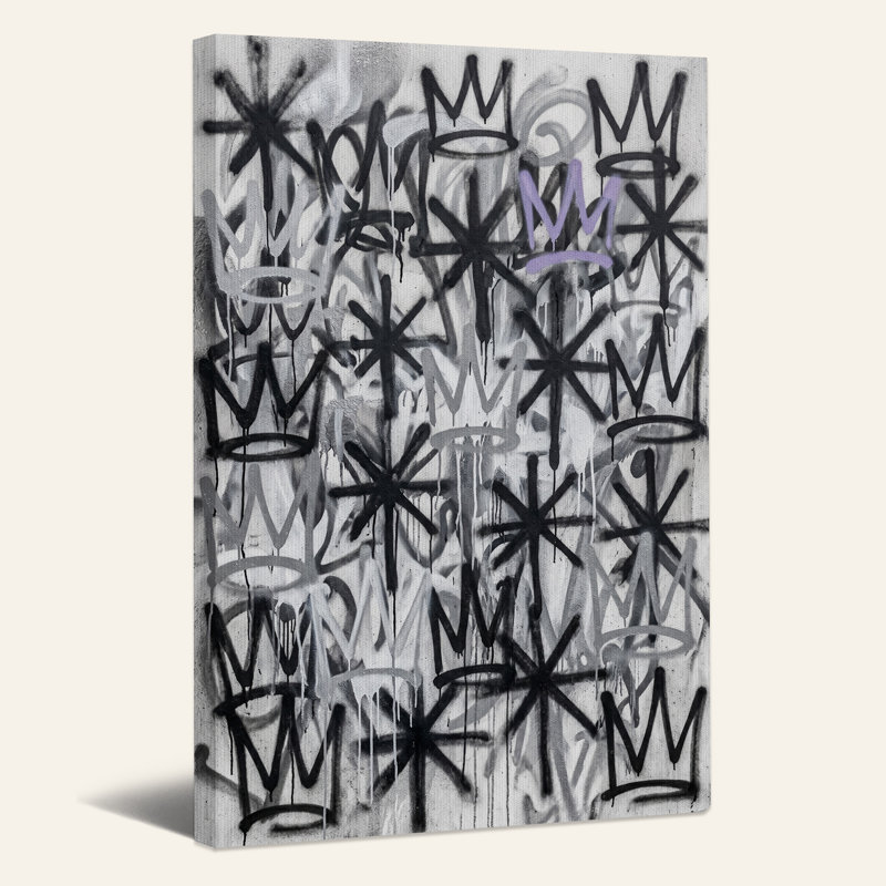 Toile murale à motif de couronne graffiti noir et blanc, H 30 po x l 20 po