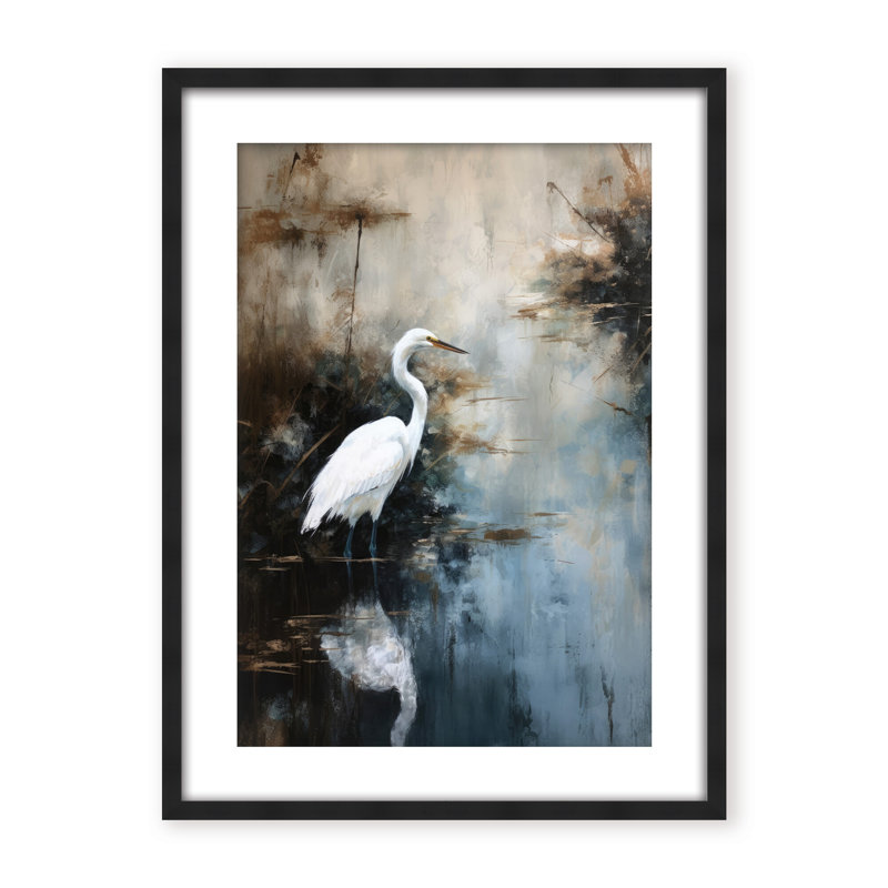 Nature Inspired Egret In Lake, Black, 30" H x 24" W x 1.125" D, Framed Print
